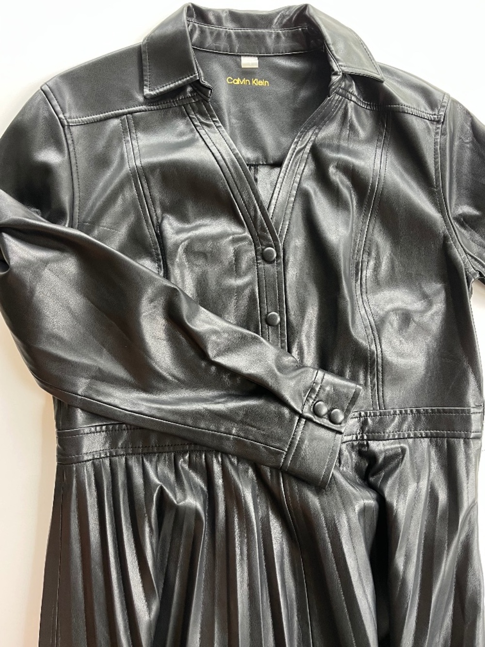 nwt CALVIN KLEIN Vegan Leather Pleated Long Sleeve Dress size 12